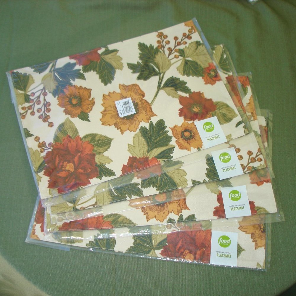 New (SET of 4) Fall FABRIC PLACEMATS by Food Network Thanksgiving Floral Leaves